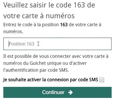 saisir le code de la carte à numéros et cocher la case activer la connexion par code SMS